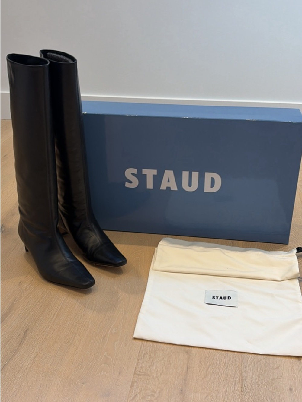 STAUD Black Leather Over-the-Knee Pointed-Toe Boots